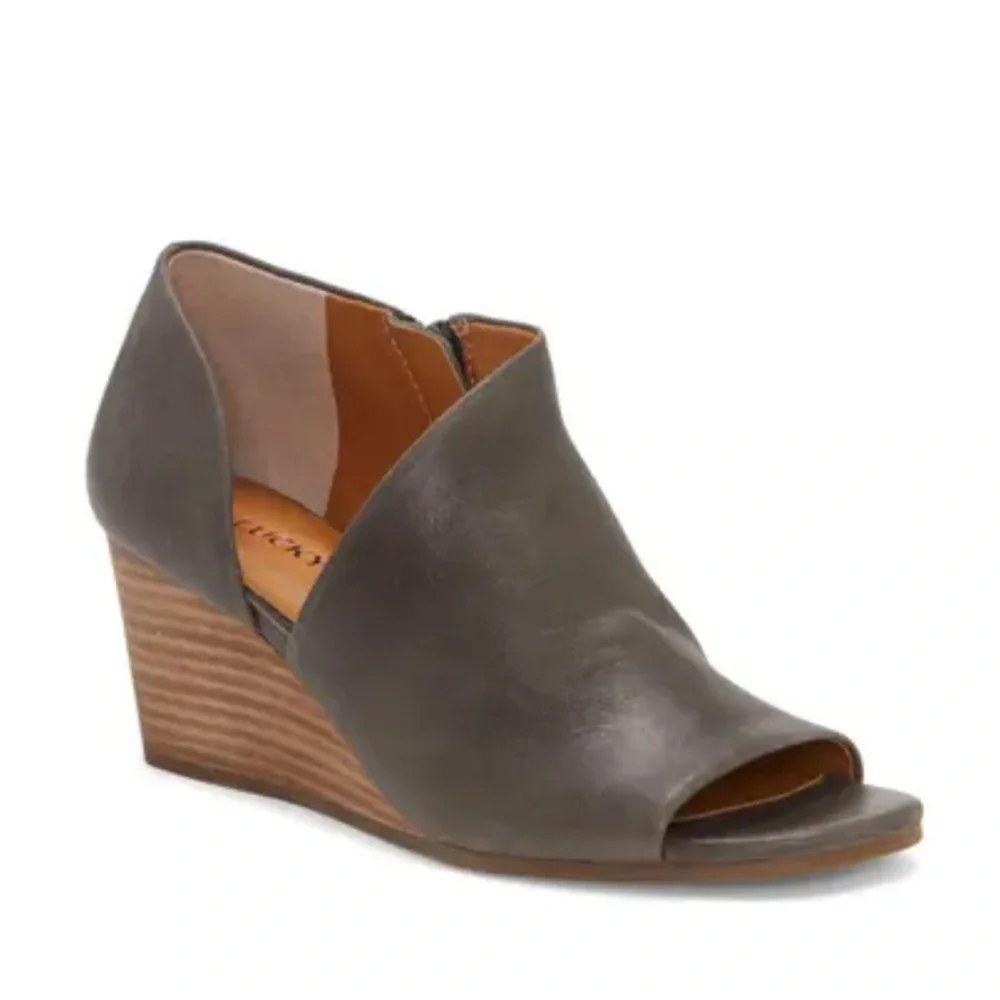 Lucky Brand Brown Leather Open-Toe Wedge Sandals